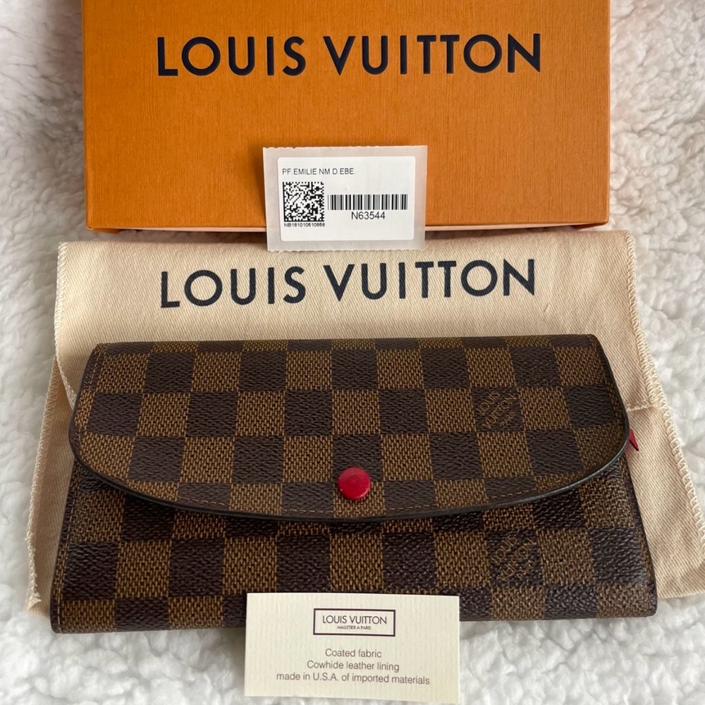 Louis Vuitton Ellie Wallet.  Damier Ebene color with red accents.